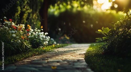 Stone Pathway Leads Through Vibrant Garden in the Golden Glow of Afternoon Su...