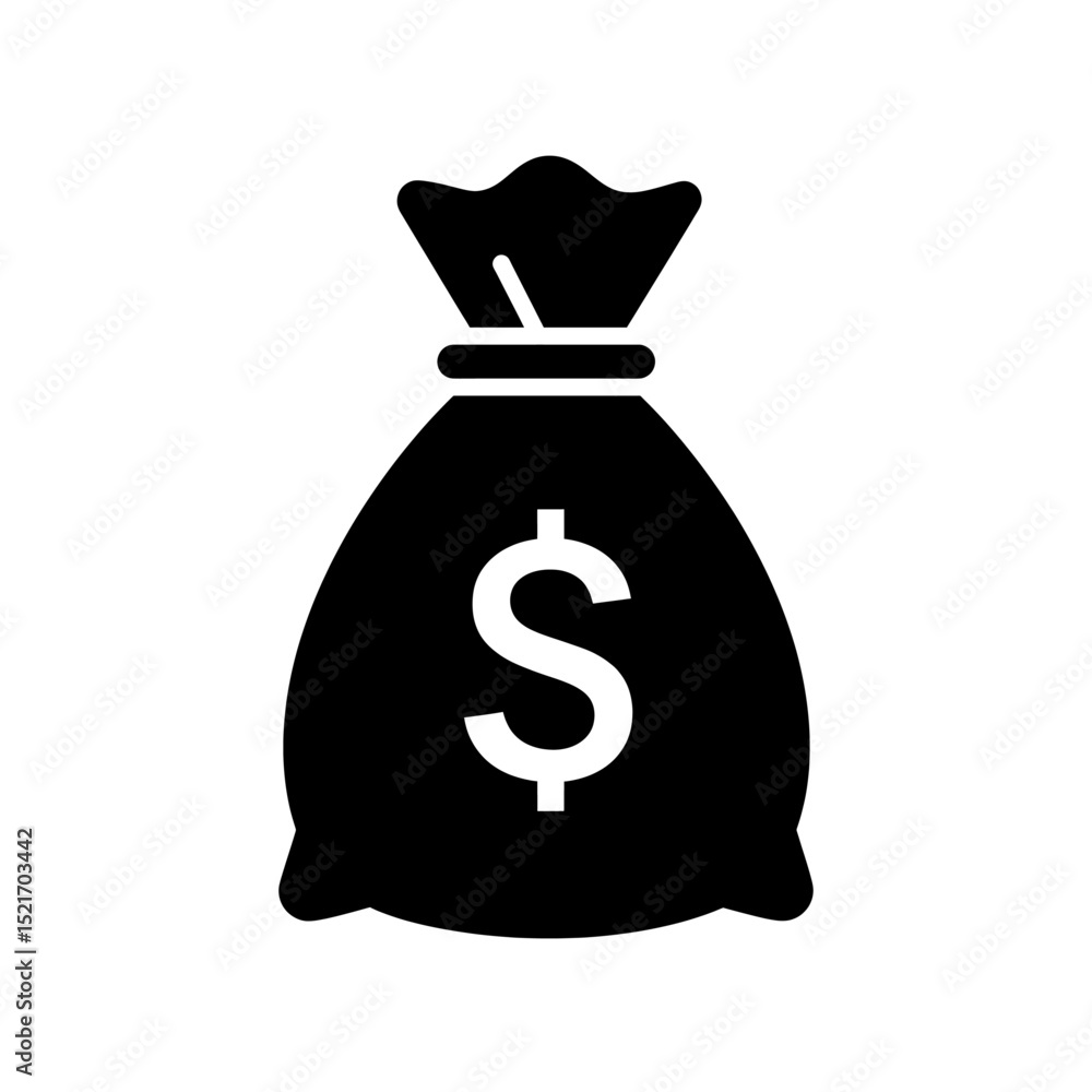 Vector Black Silhouette of Money Bag with Dollar Sign Representing Finance, Savings and Wealth Vector Black Silhouette of Money Bag with Dollar Sign Representing Finance, Savings and Wealth