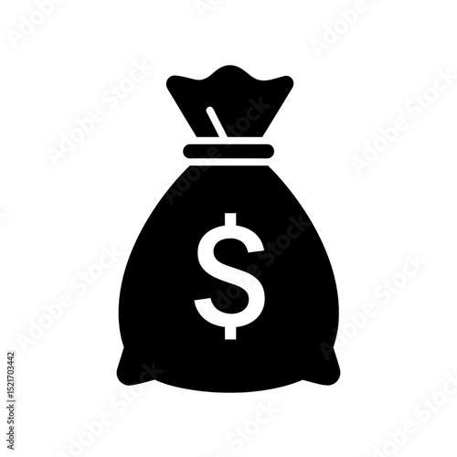 Vector Black Silhouette of Money Bag with Dollar Sign Representing Finance, Savings and Wealth