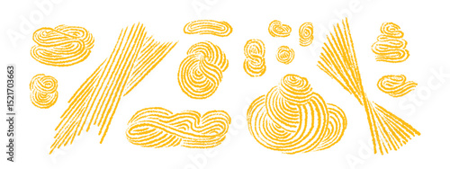 Pasta, spaghetti chalk sign. Macaroni texture set