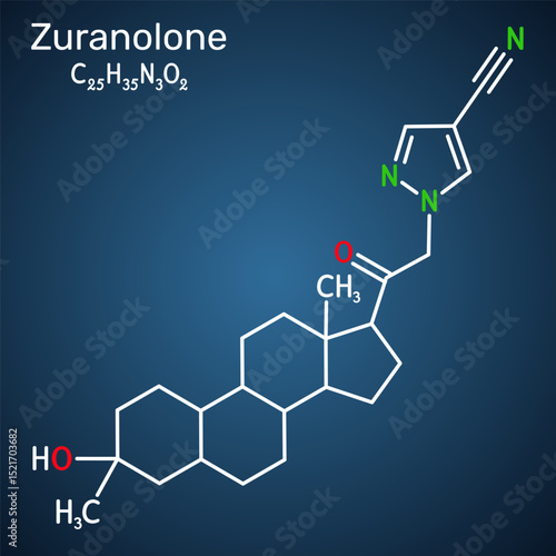 Zuranolone molecule. Neuroactive steroid used in the treatment of postpartum depression. Dark blue background