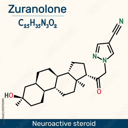 Zuranolone molecule. Neuroactive steroid used in the treatment of postpartum depression