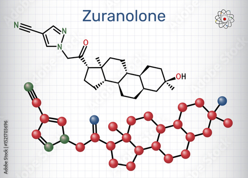 Zuranolone molecule. Neuroactive steroid used in the treatment of postpartum depression. Sheet of paper in a cage