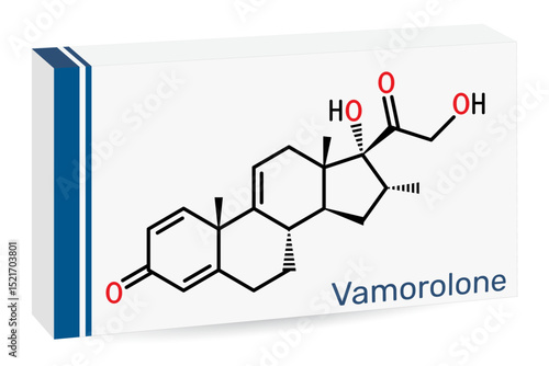 Vamorolone corticosteroid molecule. Synthetic steroid drug, treat Duchenne muscular dystrophy. Skeletal chemical formula. Paper packaging for drugs