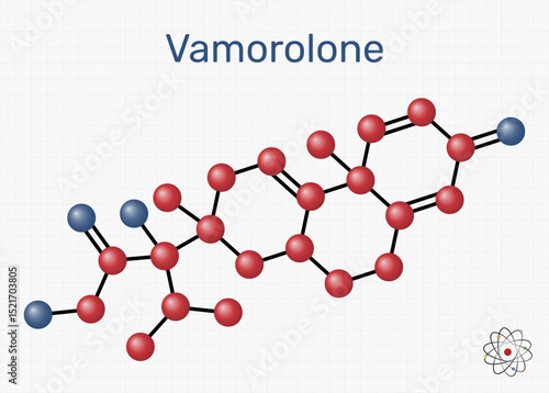 Vamorolone corticosteroid molecule. Synthetic steroid drug, treat Duchenne muscular dystrophy. Sheet of paper in a cage