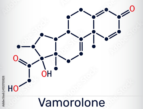 Vamorolone corticosteroid molecule. Synthetic steroid drug, treat Duchenne muscular dystrophy. Skeletal structure
