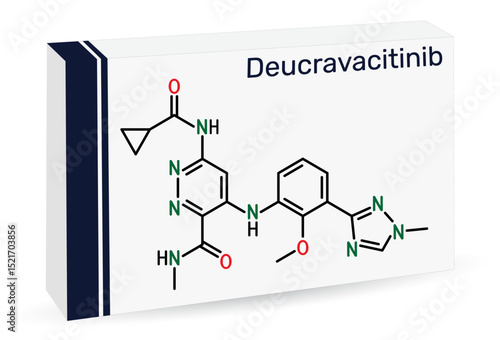 Deucravacitinib molecule. TYK2 inhibitor drug for psoriasis and autoimmune diseases. Paper packaging for drugs
