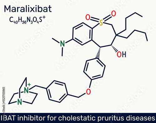 Maralixibat molecule. IBAT inhibitor used for treatment of cholestatic pruritus. Skeletal chemical formula. Vector illustration