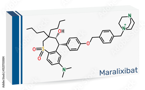 Maralixibat molecule. IBAT inhibitor used for treatment of cholestatic pruritus. Skeletal chemical formula. Paper packaging for drugs