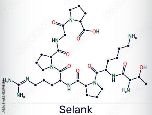 Selank molecule. Synthetic heptapeptide with anxiolytic and neuroprotective properties. Skeletal chemical formula
