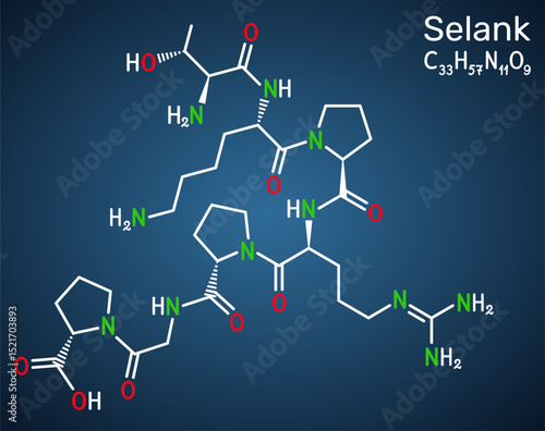Selank molecule. Synthetic heptapeptide with anxiolytic and neuroprotective properties. Skeletal formula, dark blue background