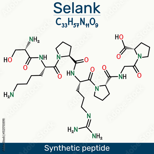 Selank molecule. Synthetic heptapeptide with anxiolytic and neuroprotective properties. Skeletal chemical formula