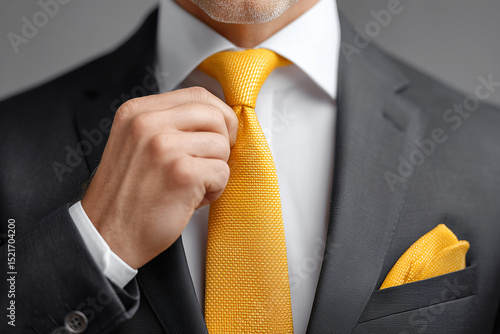 Elegant man in a stylish suit adjusting a yellow tie. The man in suit has a white shirt with a yellow pocket square, creating a polished and refined look.