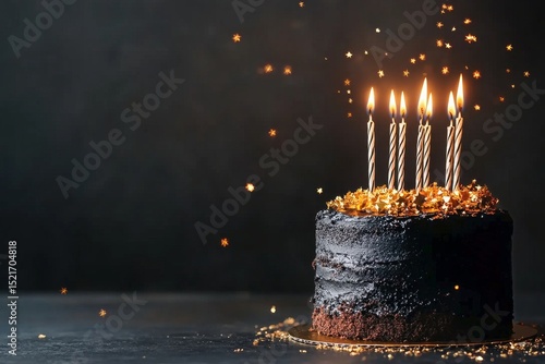 Celebration Cake With Lit Candles and Sparkling Decorations for a Special Occ...