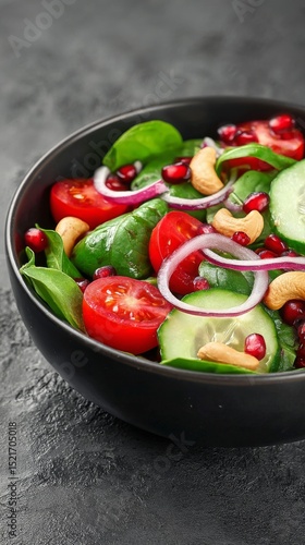 Fresh Salad With Tomatoes, Cucumbers, and Pomegranate Served in a Black Bowl