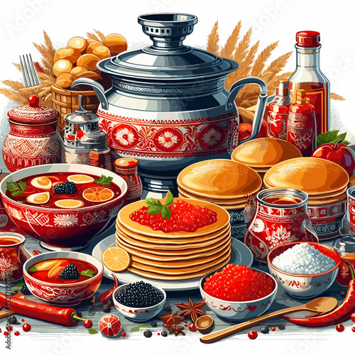 Traditional Russian cuisine spread featuring pancakes, caviar, preserves, and samovar on a bright background