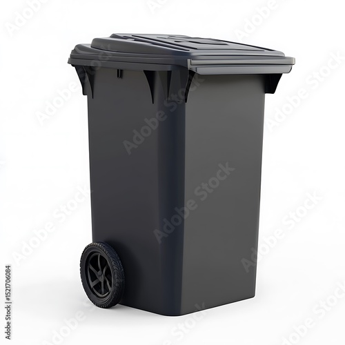 Single, dark-colored, wheeled trash receptacle with a lid on white background.