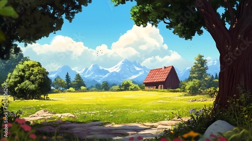Idyllic countryside landscape with a house, meadow, and mountains in the background.
