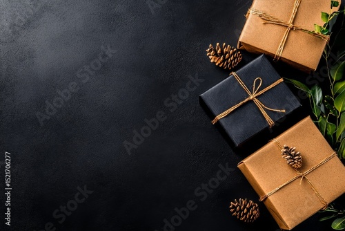 Festive Gift Boxes Arranged on a Dark Background With Natural Decor Elements ...