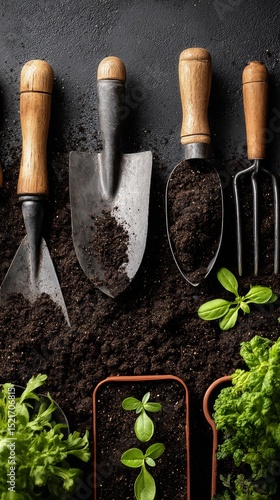 Gardening Tools and Fresh Herbs Arranged on Dark Soil in a Garden Setting.