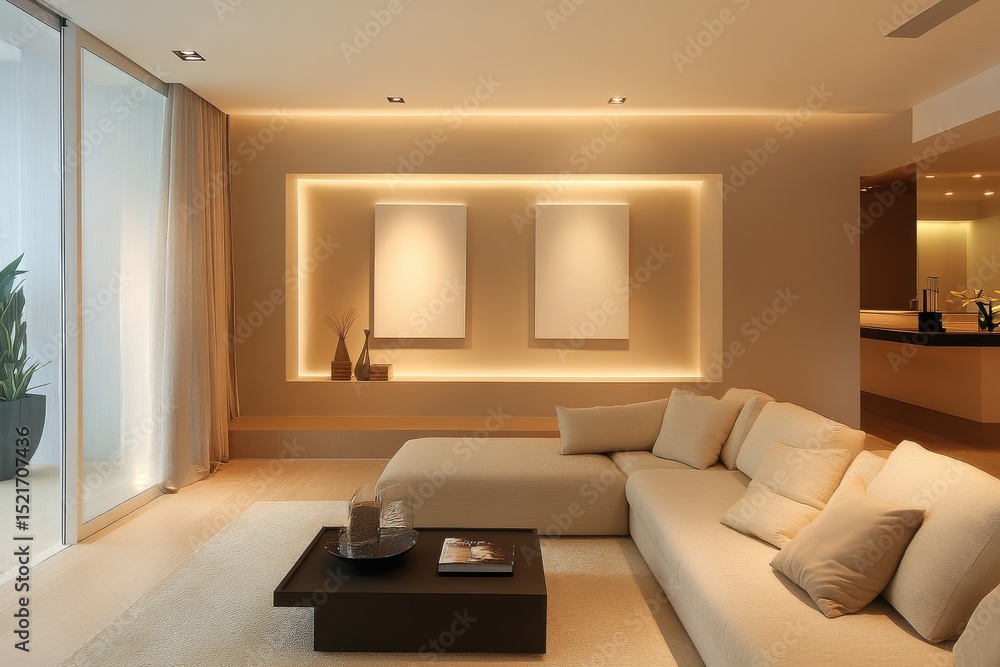 Fototapeta premium Modern minimalist living room with warm lighting