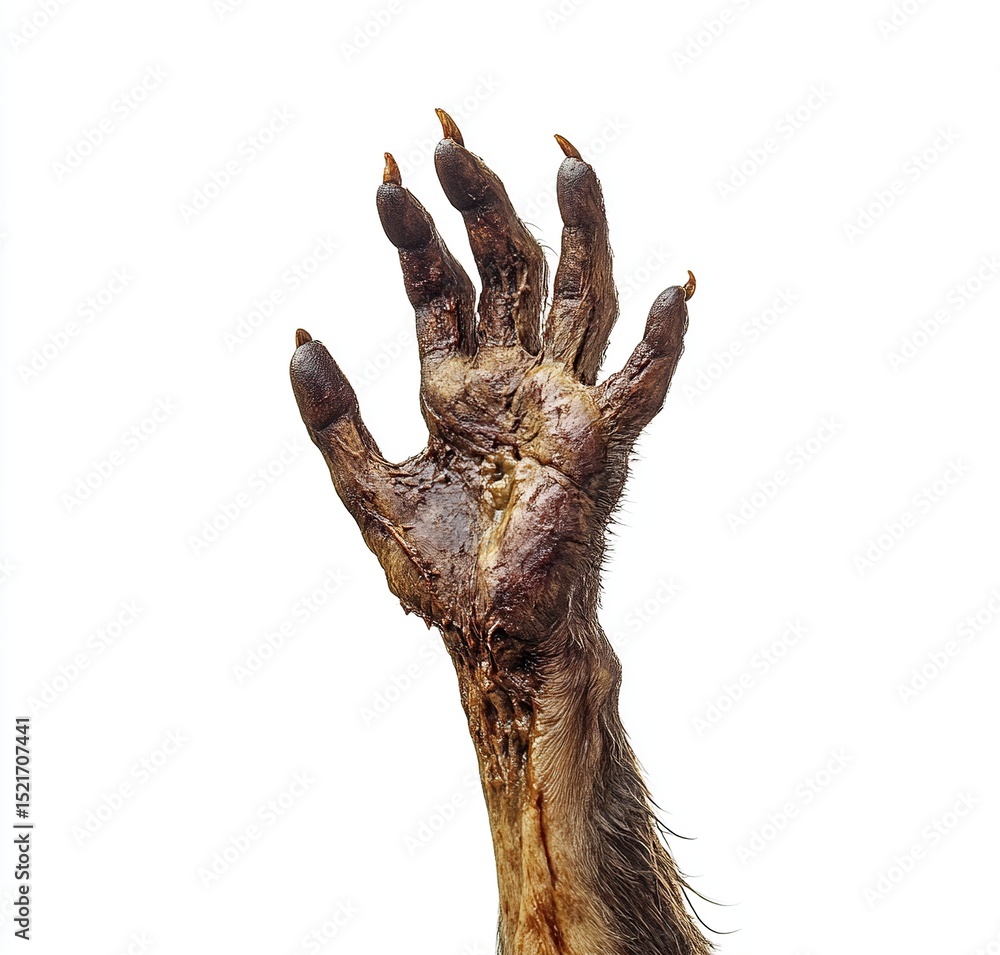 Fototapeta premium A decaying human hand with elongated, claw-like fingers reaches upwards against a stark white background, showcasing the gruesome effects of decomposition.