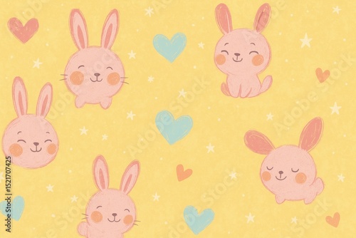 Adorable Pink Bunnies Seamless Pattern Pastel Yellow Background Cute Cartoon Rabbits Childrens Illustration Happy Easter Spring Design Lovely Animals Kawaii Style Soft Colors Happy Little Bunnies     