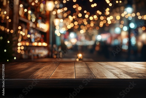 Wooden Table in a Vibrant Night Market With String Lights and Blurred Background