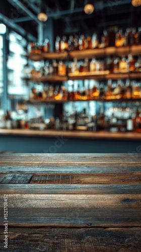 Rustic Wooden Bar Table in a Vibrant Cocktail Lounge With Illuminated Shelves