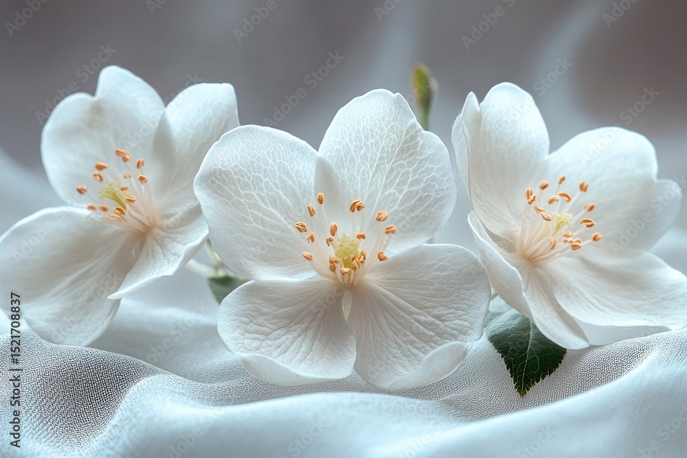 Fototapeta premium Three white jasmine flowers sit atop a wrinkled, light-colored silken fabric. Ideal for projects needing floral, spring, or feminine themes beautifully.