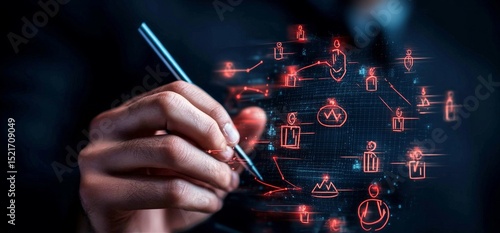 Hand Drawing Digital Connections With Glowing Icons in a Modern Business Envi...