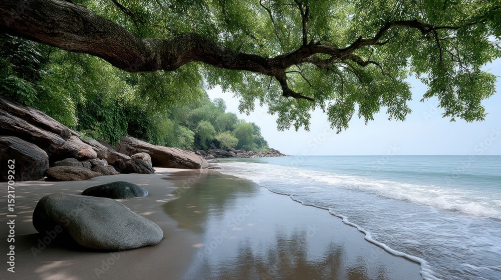 Tranquil beach scene under a large tree canopy Tranquil beach scene under a large tree canopy