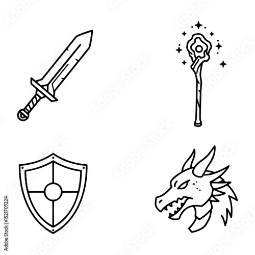 Fantasy medieval icon set: sword, magic staff, shield, and dragon head coloring page, whimsical theme