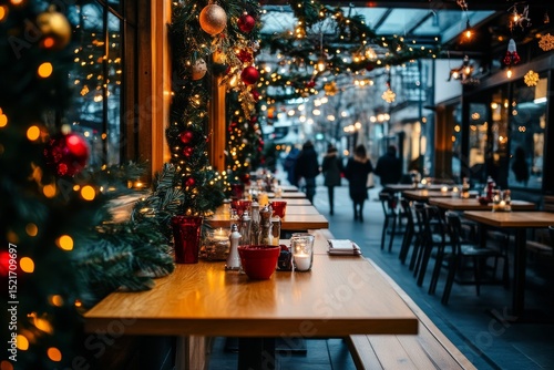 Festively Decorated Outdoor Dining Area With Twinkling Lights and Holiday Dec...