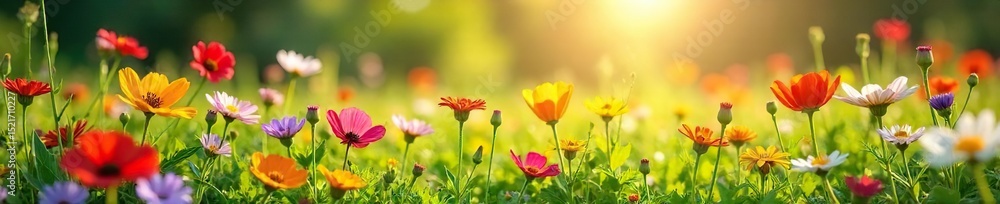 Fototapeta premium Vibrant wildflowers bloom in a sun-drenched meadow, creating a breathtaking tapestry of color and texture Perfect for nature, spring, and floral themes , plants, beauty, countryside