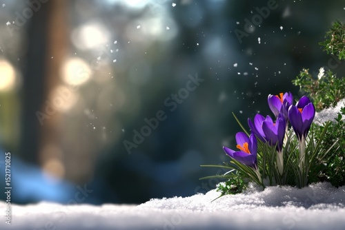 Crocuses Bloom Through Snow in a Serene Winter Landscape.