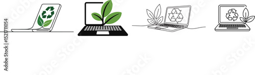 Laptop to Recycling Symbol Transformation - E-Waste Management Circular Economy Silhouette Icon Set