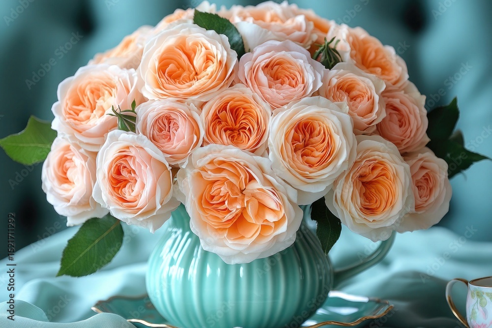 Obraz premium Peach roses in a turquoise vase on a matching decorative plate and silk cloth. Use for elegant cards, weddings, birthdays, or other floral designs.