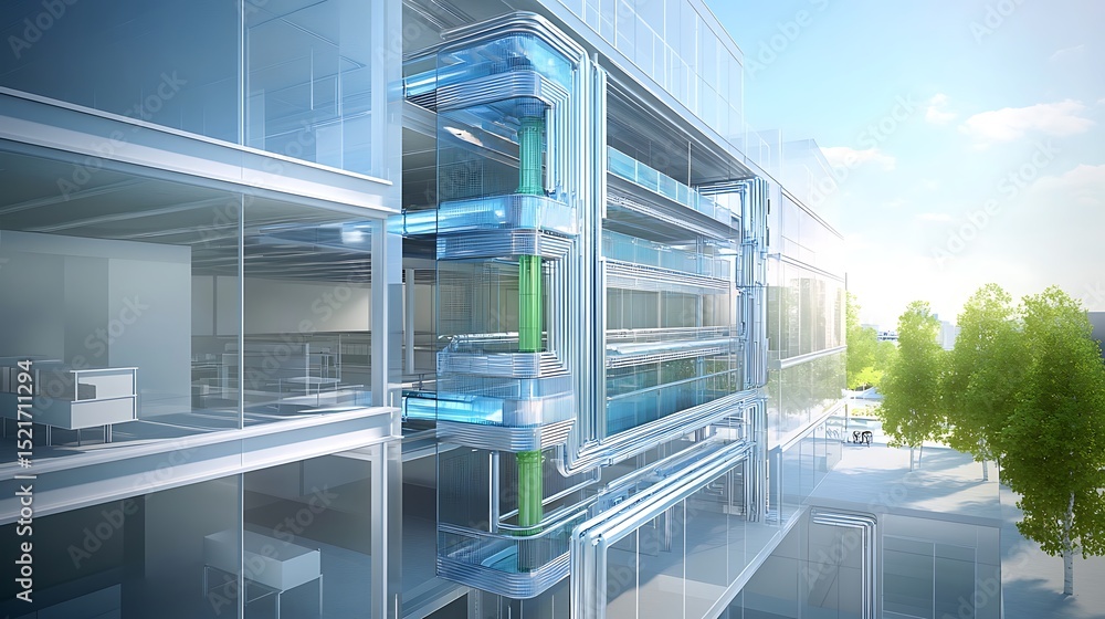 Fototapeta premium State of the art visualization of passive ventilation systems employing stack effect towers cross ventilation corridors and air pressure optimization for natural cooling