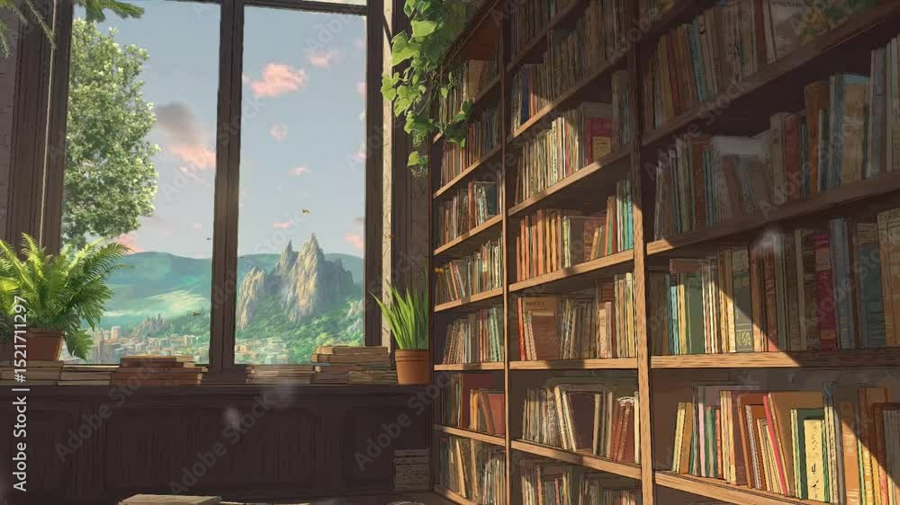 Old Library Books with bookshelf and landscape view in anime or cartoon illustration style animation background Old Library Books with bookshelf and landscape view in anime or cartoon illustration style animation background