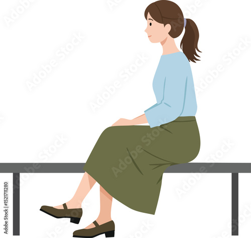 Woman sitting on bench in casual outfit with ponytail hairstyle natural pose vector illustration 