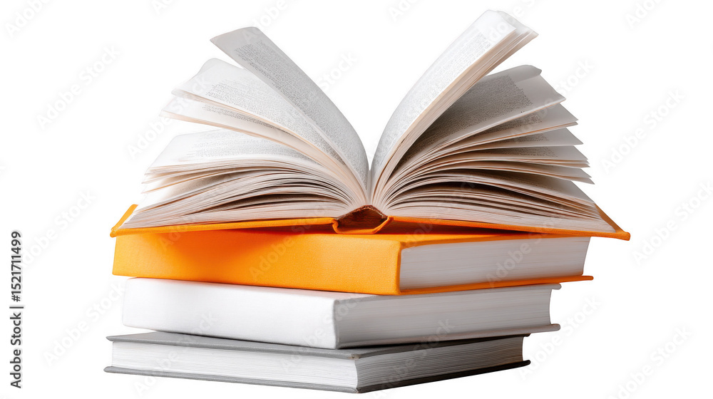 Fototapeta premium Stack of books with open book on top isolated on transparent background
