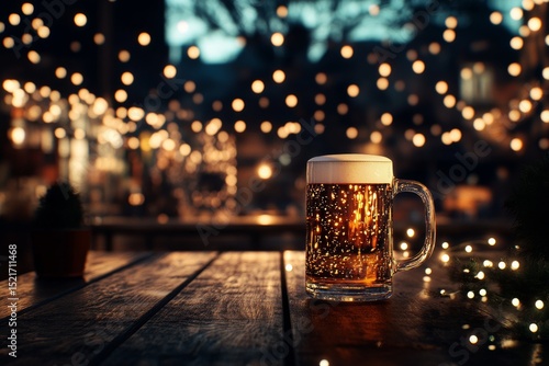 Golden Beer in a Glass on a Wooden Table With Glowing Lights in the Backgroun...