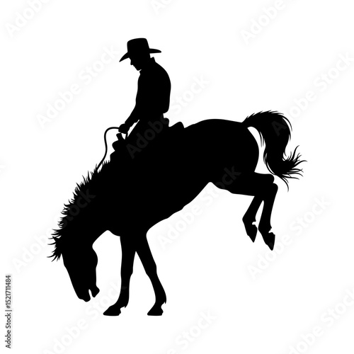 Cowboy riding bucking bronco horse in rodeo show silhouette illustration