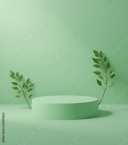 Minimalist green product display podium with leaf branches for organic presentation