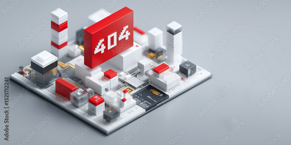 Abstract illustration with a 404 error message, evoking a sense of digital frustration and technological malfunction. The composition uses geometric shapes and a minimalist aesthetic Abstract illustration with a 404 error message, evoking a sense of digital frustration and technological malfunction. The composition uses geometric shapes and a minimalist aesthetic