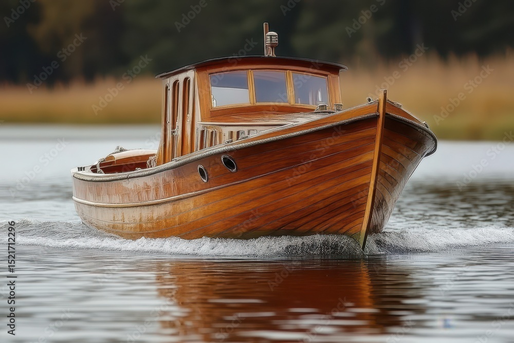 Fototapeta premium Classic old wooden fishing boats, A row of classic wooden fishing boats, weathered and rustic, docked peacefully at a serene harbor