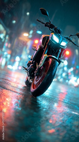 Nighttime Motorcycle Parked on a Wet Street With City Lights Reflecting