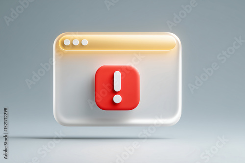 3D illustration of a warning sign appearing in a computer window, emphasizing potential errors or critical information 