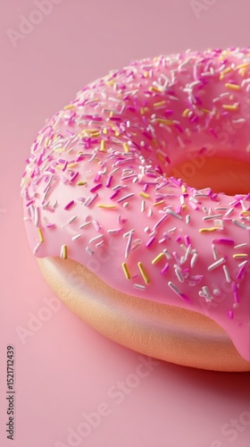 Colorful Pink Frosted Donut With Sprinkles on a Soft Pink Background